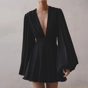 French Style V Neck Bubble Sleeve Mini Dress Sexy High Waist Solid Color Polyester Party Short Dress For Women