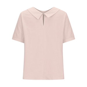 Detail view of the light pink short sleeve shirt featuring a Peter Pan collar and back button closure