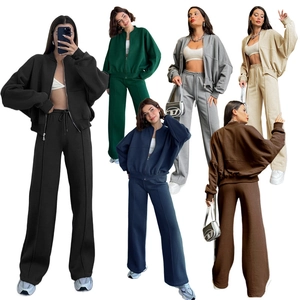 Women Solid Color Zipper Cardigan Hoodie And Straight Leg Pants Casual Long Sleeve Top And Bottom For Autumn Winter Fashion