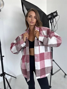Veste chemise à carreaux rose et gris pour femme, coupe oversize en flanelle épaisse