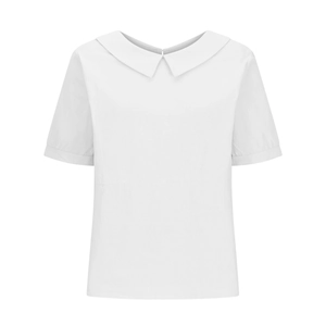 Detailed view of the Peter Pan collar and pleated short sleeves on a white cotton blouse