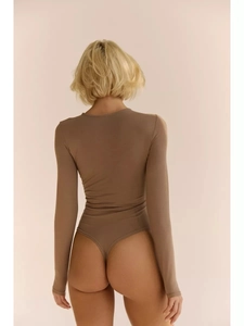 Rear view of brown long sleeve bodysuit with thong cut and high stretch fabric detail