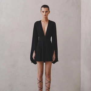 French puff sleeve high waist mini dress with deep V-neck and black slit wide sleeves