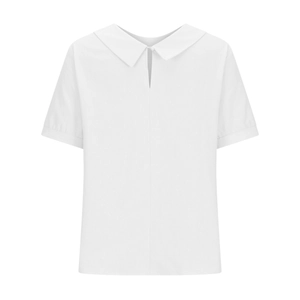 Detail of white short sleeve shirt with Peter Pan collar and pearl button accent