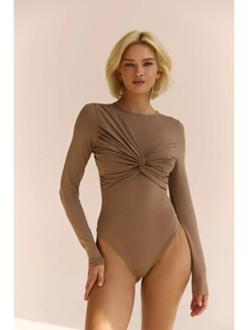 Mocha long sleeve bodysuit featuring a stylish front twist and crew neck design