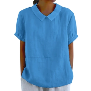 Women's royal blue loose fit short sleeve cotton linen shirt with Peter Pan collar and pockets