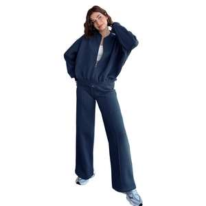 Women's dark blue zip-up sweatshirt and straight-leg trousers two-piece set