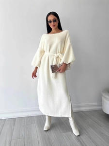 Women's Fashion Simple Lace-up Maxi Dress Waist Slimming Long Slit Lantern Sleeve Elegant Solid Color Long Sleeve Dress