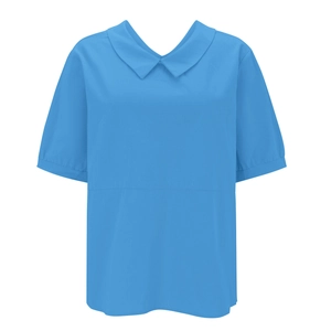 Close-up of sky blue short-sleeved blouse with Peter Pan collar and pleated sleeve detail