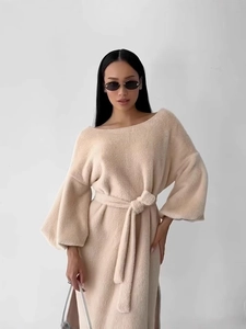 Elegant apricot long sleeve belted maxi dress with lantern sleeves and plush texture
