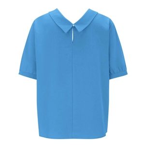 Detail view of sky blue short sleeve blouse back with button closure and teardrop cutout