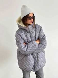 Women's grey quilted hooded jacket with soft fleece lining and button closure