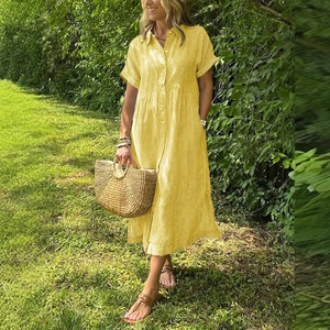 Women's yellow striped cotton linen midi shirt dress with short sleeves and buttons