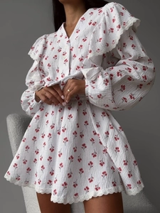 Floral puff sleeve crop top and ruffled skirt set with cherry print and lace trim