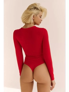 Close-up of a red long sleeve bodysuit featuring high-elastic fabric and a slim fit design