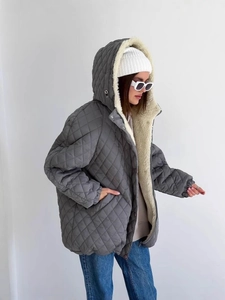 Women's dark grey diamond quilted hooded jacket with warm fleece lining and loose fit