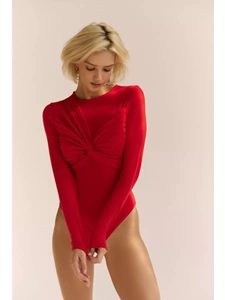 Detailed view of the red long sleeve bodysuit featuring a twisted knot front design