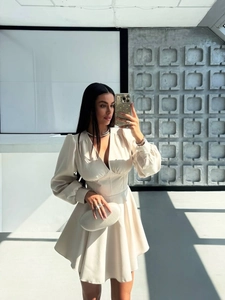 Elegant V Neck Bubble Long Sleeve Mini Dress For Women High Waist A Line Solid Color Sexy Autumn Casual Party Skater Dress
