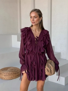 Damen Elegant Volant V Ausschnitt Schnürung Chiffon Kleid Sexy Glockenärmel Hohe Taille Einfarbig Mini A-Linie Kleid