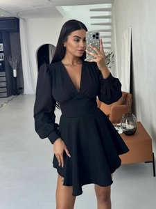Elegant black V-neck puff sleeve A-line mini dress with high waist fashion design