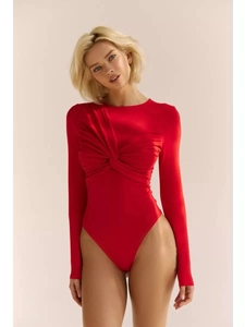 Detail of red twist-front bodysuit featuring long sleeves and fitted elastic fabric