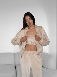 Ensemble lounge 3 pièces en velours abricot avec sweat à capuche, haut et pantalon fluide