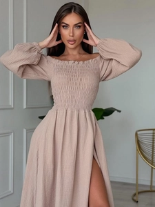 Women Off Shoulder Smocked Maxi Dress Long Lantern Sleeve High Slit Cotton Chiffon Elegant Bohemian A-Line Party Long Dress
