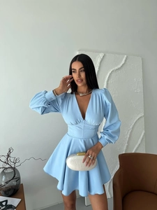 Elegant light blue mini dress with deep V-neck, puff sleeves and high waist design