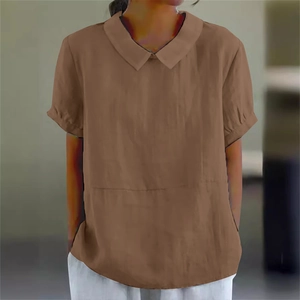 Detailed close-up of dark brown short sleeve shirt with Peter Pan collar and cotton texture