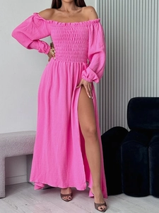 Elegant off-shoulder long sleeve fuchsia maxi dress with pleated waist and high slit