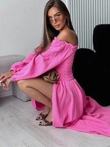 Vibrant pink off-the-shoulder smocked dress with long puff sleeves and pleated texture