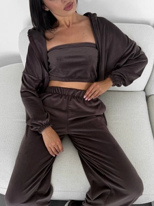 Ensemble 3 pièces en velours pour femme avec veste à capuche et pantalon marron