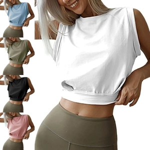 Women Casual Sleeveless Crop Top Sporty Crew Neck Muscle Tank T-Shirt Elastic Hem Fitness Yoga Workout Vest Top