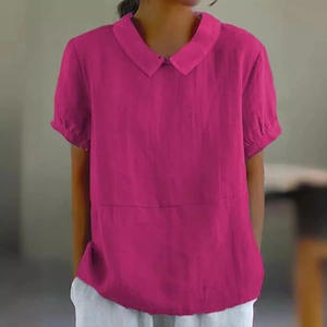 Relaxed fit fuchsia short sleeve shirt for women featuring a Peter Pan collar and linen texture