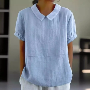 Light blue loose cotton linen shirt with white Peter Pan collar and short sleeves