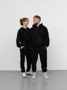 Survêtement à capuche noir minimaliste surdimensionné pour hommes et femmes avec zip