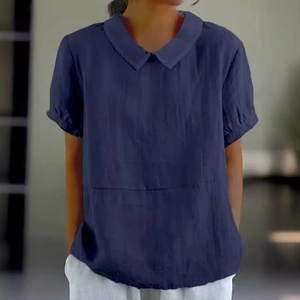 Women's loose short sleeve dark blue cotton linen shirt with classic lapel and baby doll fit