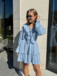 Elegant light blue V-neck dress with ruffle sleeves and layered flared skirt design