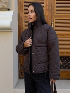 Women's 2025 dark brown quilted winter jacket with stand collar and button closure