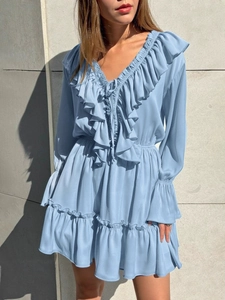 Elegant light blue V-neck ruffled mini dress with long bell sleeves and tiered skirt
