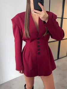 Elegant burgundy long-sleeve blazer dress with waist pleats and deep V-neck style