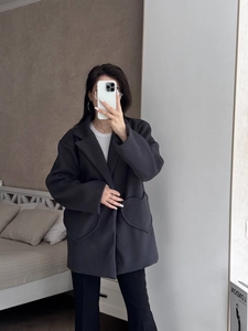Women Casual Solid Woolen Blazer Coat With Large Heart Shaped Pockets Oversized Lapel Autumn Winter Outerwear Jacket