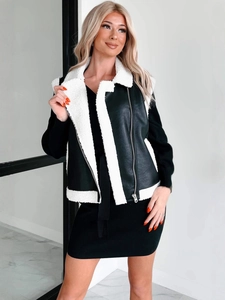 Women's black faux leather and white shearling moto vest with zipper closure