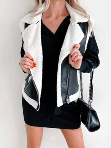 Women's winter faux leather vest with white shearling trim and zipper closure