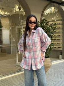 Oversized plaid flannel shirt for women with pink and blue checks and chest pocket