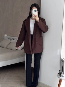 Deep brown oversized blazer with unique heart-shaped pockets and lapel collar for women