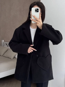 Oversized black wool blazer coat with unique heart-shaped pockets for women