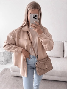 Women's beige thick wool blend shacket with lapel collar and large buttons in casual style