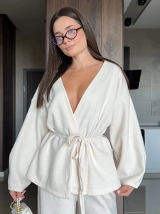 Haut en Tricot à Col en V avec Ceinture à Nouer et Pantalon Large Ensemble Décontracté Automne Hiver Mode Femme