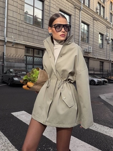 Women's khaki short trench coat with drawstring waist and stand collar in street style